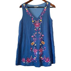 Peach Love California Dusty Blue Tank Mini Dress with Embroidered Detail Size S